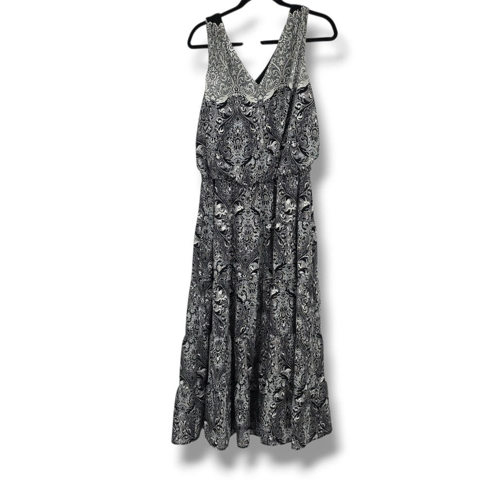 Perceptions New York Womens Black White Paisley Tiered Maxi Dress Size‎ 14 Gold